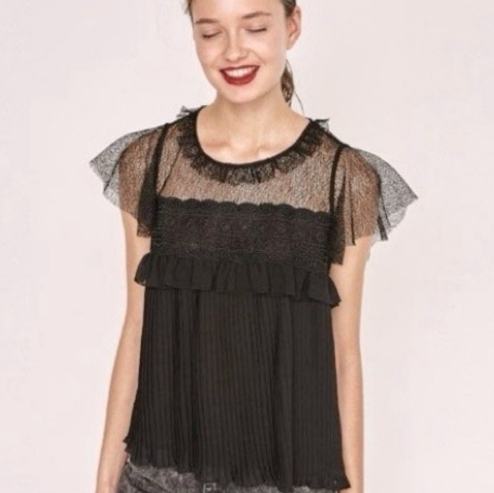 NWT ZARA mesh sheer ruffle top. Sz L